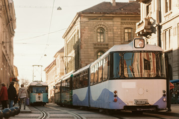 Tram for public transportation in the old historic city center, Timisoara tramway transport from...