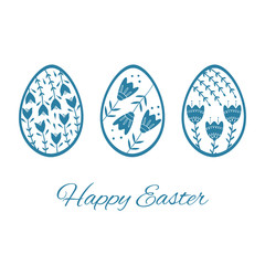 Set of Easter eggs with floral and plant ornamental. Folk style collection, laconic vector graphic Scandinavian style. Blue color. Holiday card celebration design