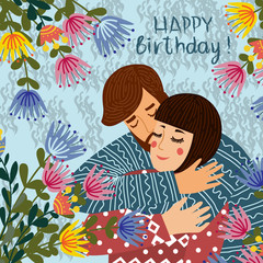 Happy birthday. Man kisses and congratulates a woman, Couple in love with flowers. Flat cute design vector