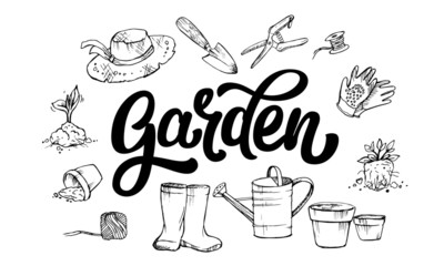 Lettering Garden word surrounded by gardener's attributes