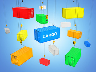 Delivery background concept Cargo shipping containers The crane lifts the containers on blue gradient background 3d