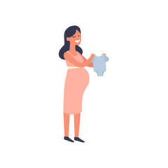Happy pregnant woman choosing blue baby bodysuits at clothing store. Pregnancy shopping concept. Flat vector illustration
