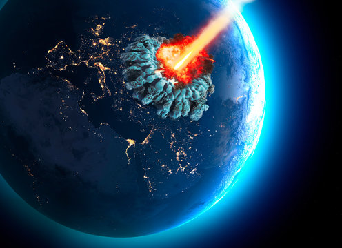 Meteorites that hit the earth. Explosion, cataclysm end of the world. Global extinction. Nuclear bomb. 3d render. Elements of this image are furnished by NASA