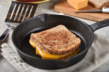 Grilled cheese sandwich in a skillet