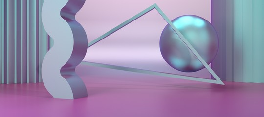 3D Render, abstract scenery geometric minimalist pastel color and chrome