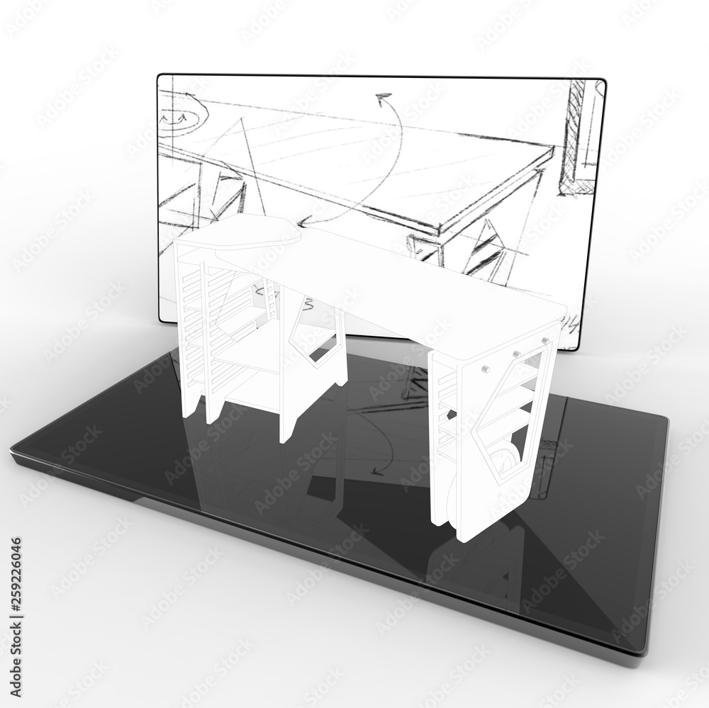 Poster 3d rendering - design a modern desk on a tablet