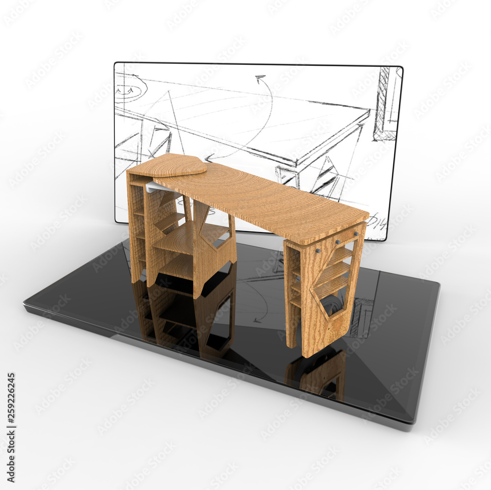 Aufkleber 3d rendering - design a table on a tablet concept