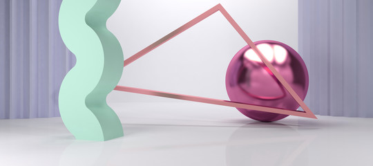 3D Render, 3D Render, abstract scenery geometric minimalist pastel color and chrome