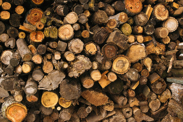 round firewood, stacked in woodpile, texture