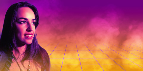  beautiful model in retro background purple and yellow 80's style with smoke