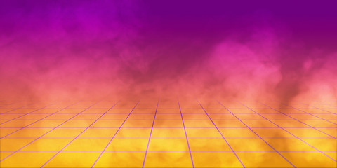 3D Render, background retro 1980 , yellow and purple gradient whit grid and smoke. - obrazy, fototapety, plakaty