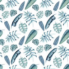 Seamless Pattern of Watercolor Light Green Banana and Palm Leaves