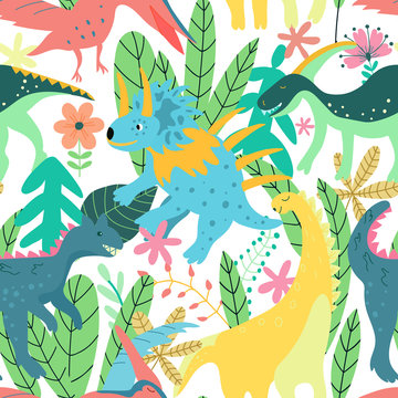 Colorful dinosaurs forest seamless pattern jungle in retro style. Colorful floral wallpaper vector. Wild nature. Summer print.