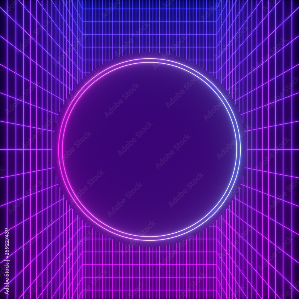 Poster abstract background with a colorful dynamic grid. glowing lines on dark background. 3d rendering.