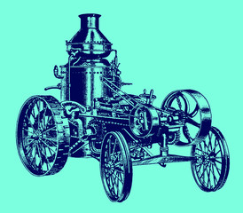 Fototapeta na wymiar Historical steam road locomotive, tractor, vehicle with water tank in three quarter view. Illustration after an engraving from the 19th century. Editable in layers