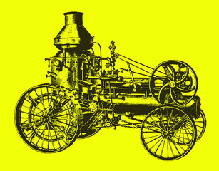 Fototapeta na wymiar Historical steam road locomotive tractor with water tank, after engraving from 19c. Editable in layers