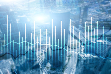Naklejka premium Double exposure Economics growth diagrams on blurred background. Business and investment concept