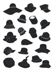 Set of summer hats silhouettes, nice  headwear for beach, holidays and casual life, isolated on white background.