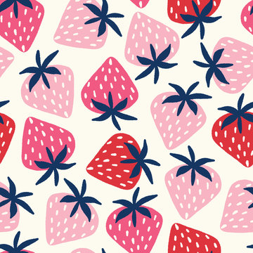 Vector seamless pattern with hand-drawn strawberries in pink and red on an off white background