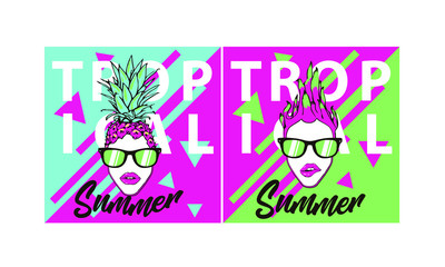 bright poster with a picture of fruit dragon fruit and pineapple in sunglasses, enjoy the summer summer posters dragon fruit and pineapple in sunglasses