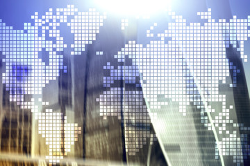 Double exposure world map on skyscraper background. Communication and global business concept.