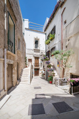 Fototapeta na wymiar Narrow, small and romantic stairs and streets of Italy. White buildings in old town with flower decorations in front of apartments and houses. Beautiful, fresh summer morning. Concept of travelling 