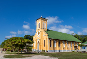Fototapeta na wymiar The Notre Dame de L'Assomption church in La Digue, Seychelles.