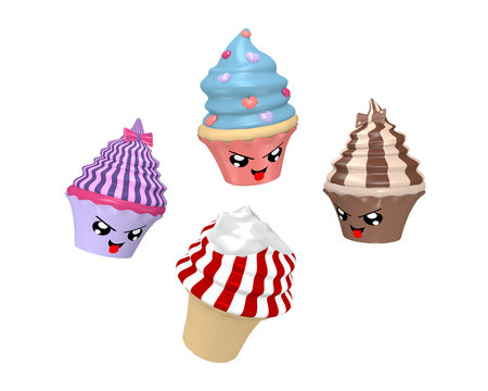 lustige Kawaii Character als Cupcakes beim Eis essen. 3d render