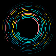 Vector modern creative backdrop of vivid multi colored curved elements.Multicolored decorative design halftone circle lines isolated on black.Circular abstract background.