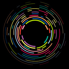 Vector modern creative backdrop of vivid multi colored curved elements.Multicolored decorative design halftone circle lines isolated on black.Circular abstract background.