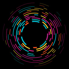 Vector modern creative backdrop of vivid multi colored curved elements.Multicolored decorative design halftone circle lines isolated on black.Circular abstract background.