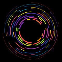 Vector modern creative backdrop of vivid multi colored curved elements.Multicolored decorative design halftone circle lines isolated on black.Circular abstract background.