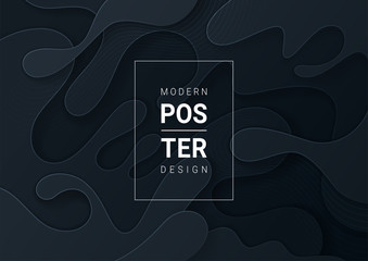 Abstract paper cut black background with wavy layers; Realistic carving art; Vector 3d template; Material design concept.