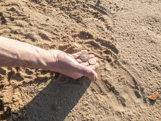 The Man is looking for coins in the sand. Search for antique coins.