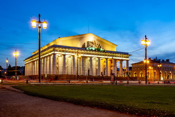 Old Stock Exchange building on Vasilyevsky island at night, Saint Petersburg, Russia