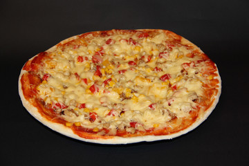 Slices of fresh appetizing pizza with delicious ingredients on colorful plate