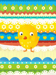 Obraz na płótnie Canvas cartoon scene with colorful easter chicken on easter background - illustration for children