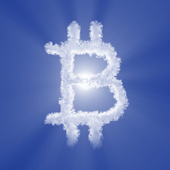Obraz premium Bitcoin cloud sign with volume light on blue sky and sun. 3d illustration