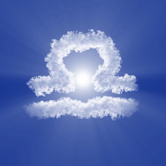 Libra Zodiac sign cloud with volume light on blue sky and sun. 3d illustration