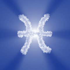 Pisces Zodiac sign cloud with volume light on blue sky and sun. 3d illustration