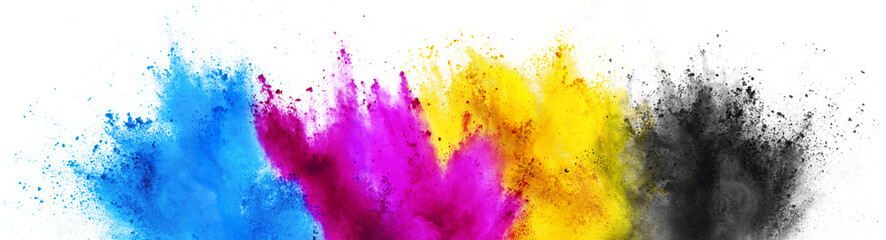 colorful CMYK cyan magenta yellow key holi paint color powder explosion print concept isolated white background - obrazy, fototapety, plakaty