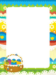 cartoon scene with colorful easter basket on frame with white background for text - illustration for children