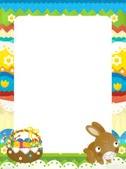 cartoon scene with colorful easter basket and rabbit on frame with white background for text - illustration for children