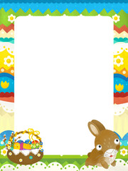 cartoon scene with colorful easter basket and rabbit on frame with white background for text - illustration for children