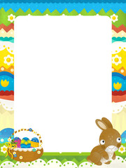 cartoon scene with colorful easter basket and rabbit on frame with white background for text - illustration for children