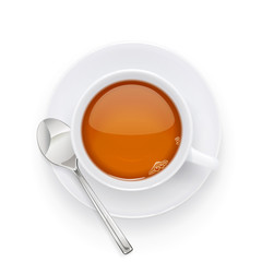 Tea cup and plate. Traditional hot drink for breakfast. Tea time. Herbal tonic beverage. Isolated white background. Eps10 vector illustration.