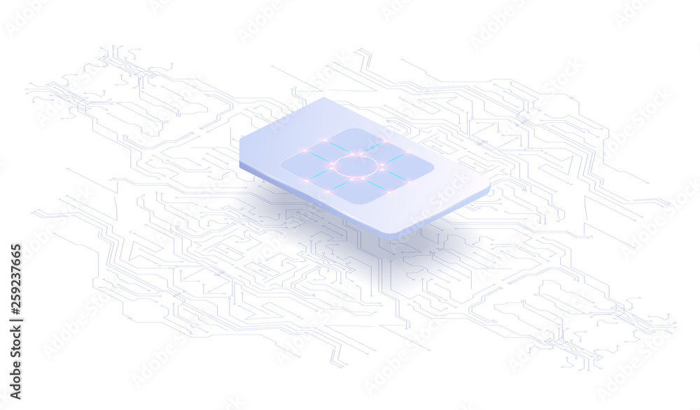 Poster abstract banner embedded sim concept. new mobile communication technology and processor background c