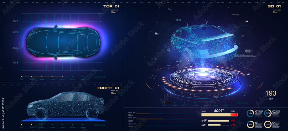 Aufkleber Future car in abstract style on blue background. Futuristic vector HUD GUI UI interface screen design. Automotive technology concept. Hologram of the car, scanning, auto service, mechanisms, service.