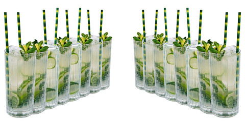 Row of Mojito cocktails on a white background