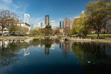 Charlotte, North Carolina skyline cityscape on a spring day with copy space